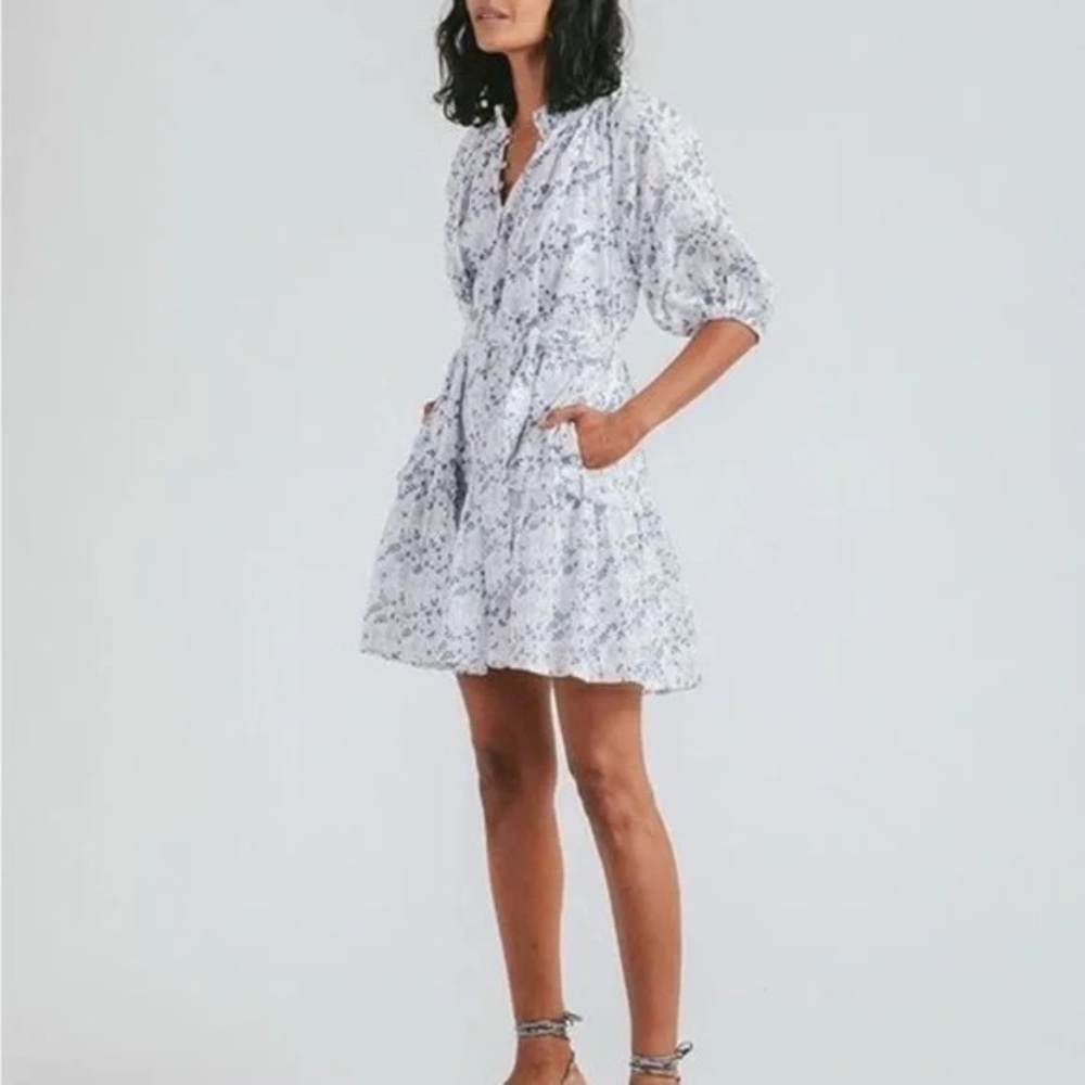 Cleobella XS Blue and White floral cotton summer sun dress tie waist boho pocket